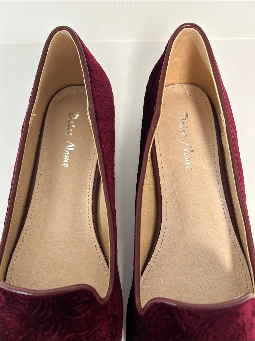 Dolce Nome NWOT “Pico” Leather Burgundy Geometric Embossed Loafers Womens 9